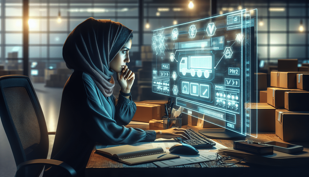 A woman wearing a hijab is focused on a holographic display at her desk, working to troubleshoot a UPS Worldship error. The screen shows logistics data alongside a truck graphic in an industrial, high-tech room filled with shelves of boxes.
