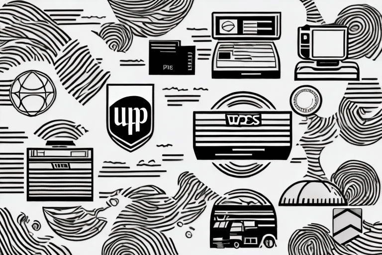 A black and white illustration showcases a variety of technology icons, including computers, a Zebra printer, and a keyboard. Abstract swirl patterns intertwine with electronic components, capturing the essence of tech challenges like when a label wont print or issues arise in UPS WorldShip.