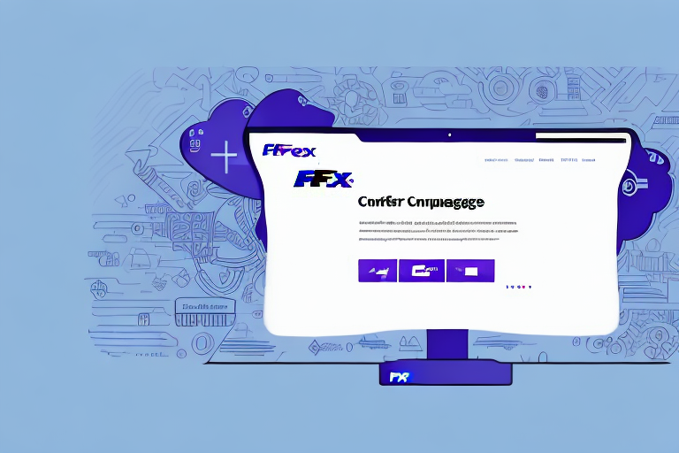 A computer screen displays a website with a blurred text header, surrounded by abstract blue illustrations of tech symbols. The website layout, resembling a step-by-step guide, includes navigation buttons and icons—perfect for navigating the updated FedEx Ship Manager interface.