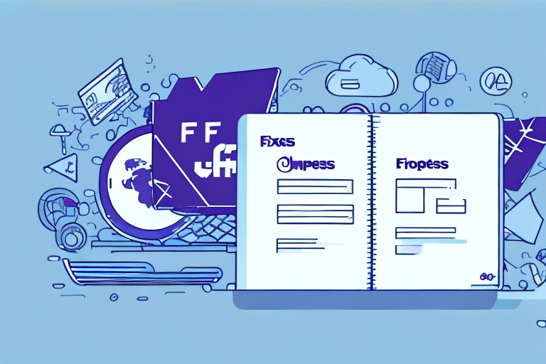 An illustration of an open book labeled Fixes and Flopess surrounded by tech icons like a folder, code symbols, and cloud images evokes the streamlined efficiency of tools like FedEx Ship Manager against a calming blue background.