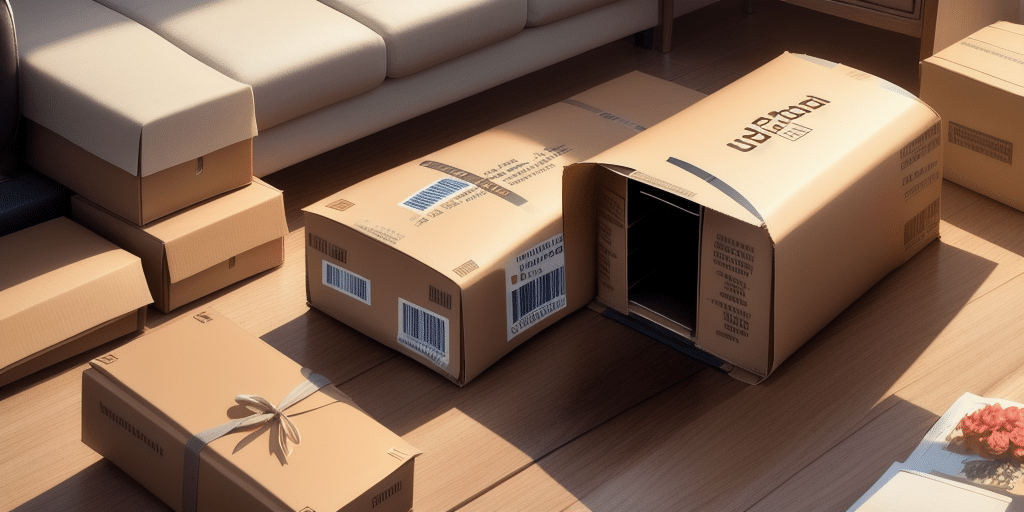 Cardboard boxes, some closed and others open, are scattered on the wooden floor of a living room bathed in sunlight. Soft shadows fall across a cozy couch in the background as you update the address book to prepare for moving day with UPS Worldship.