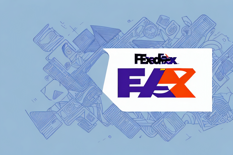 An illustration of the FedEx logo stylized with angular abstract designs and architectural elements in the background, inspired by FedEx One Rates streamlined efficiency, set against a light blue backdrop.