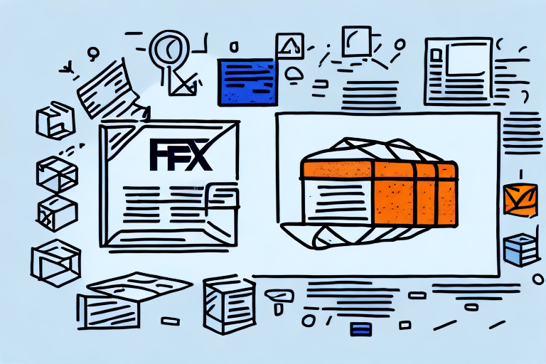 Illustration of a package inside a digital interface, with FedEx symbols, abstract icons, and documents surrounding it, suggesting themes of delivery and communication through third-party shipping technology.