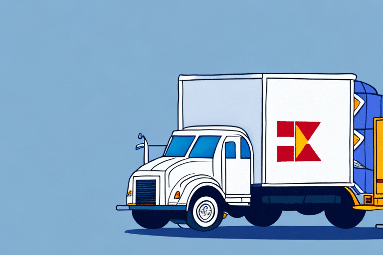 A white semi-truck showcasing a vibrant red, orange, and yellow geometric logo on its trailer is set against a solid blue background, embodying the efficiency of shipping software in action.