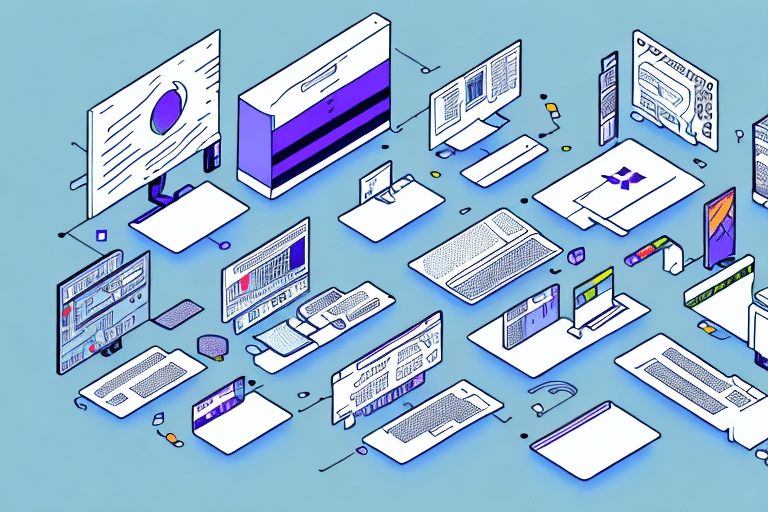 An isometric illustration showcases multiple computers, including laptops, tablets, and smartphones displaying graphs and charts on FedEx Ship Manager interfaces. Set against a blue background, these devices are arranged in an organized, grid-like pattern.