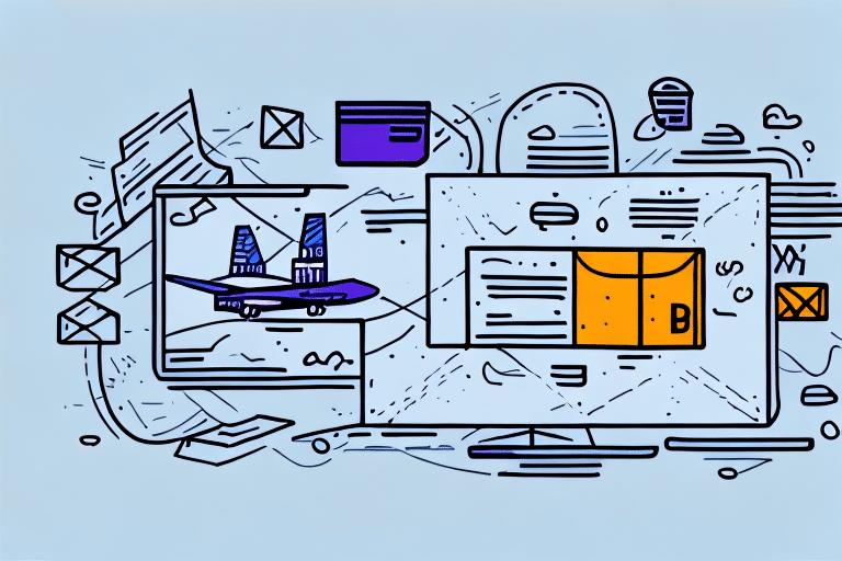 A stylized illustration displays an airplane on a digital screen, surrounded by scattered icons of emails, documents, and browser windows, echoing the efficiency of FedEx Ship Manager. The light blue background is accented with black, purple, and orange elements.