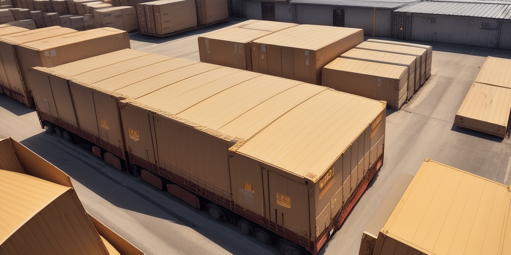 How to Use UPS Worldship on Mac: A Step-by-Step Guide Aerial view of a storage yard filled with large shipping containers, neatly organized in rows like a real-life UPS Worldship layout. The containers are stacked on a paved surface, with a covered facility in the background under clear skies.