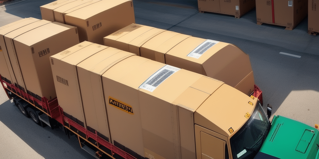 A large truck transports oversized cardboard boxes on a flatbed trailer in a warehouse area. Utilizing UPS WorldShip integration, the boxes are securely fastened, with labels and markings visible. The truck is parked on a paved surface under a clear sky.