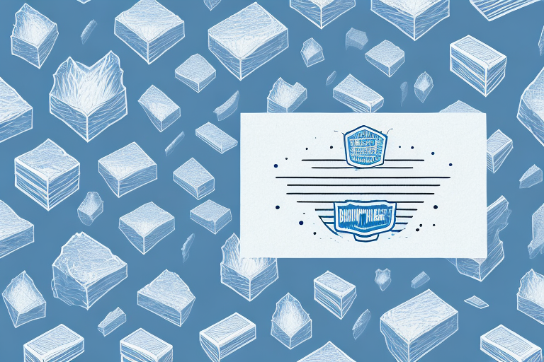 A pattern of artistically sketched paper stacks on a blue background. Centered is a white rectangle featuring two UPS badge-like designs with two lines connecting them, evoking the precision and reliability of shipping services.