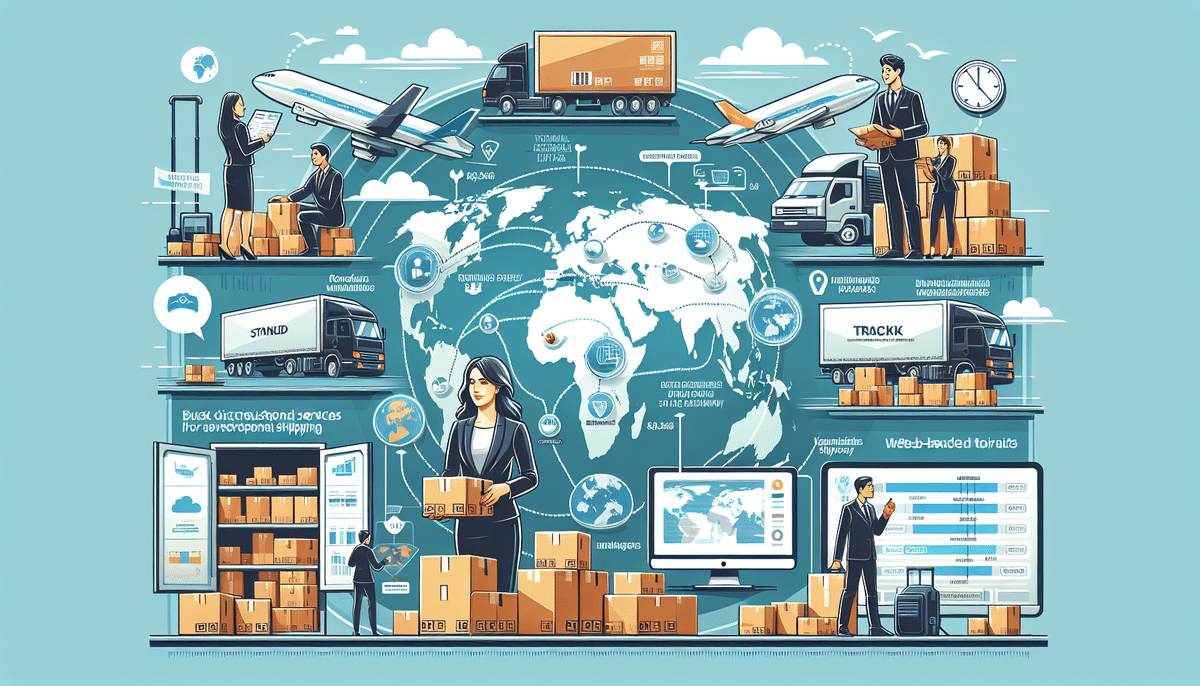 Illustration of global logistics: people handling packages, FedEx planes and trucks transporting goods, a world map with shipping routes, and technology interfaces tracking shipments. Includes graphs showing shipping rates, a warehouse, and various transportation icons highlighting volume discounts.