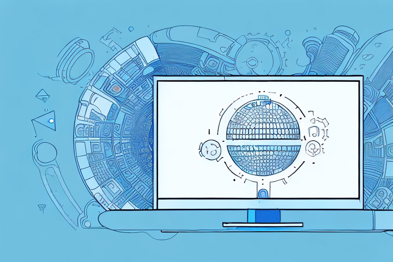 A digital illustration of a computer screen displaying a complex, circular circuit design. The background features abstract patterns with technological elements on a blue backdrop, reminiscent of the integrated systems in UPS Worldship for managing tracking numbers efficiently.