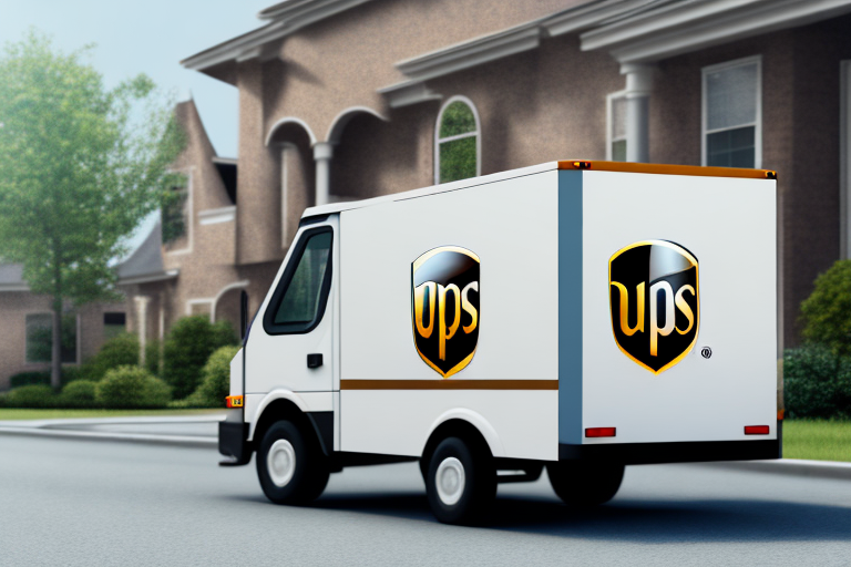 A UPS delivery truck is parked on a residential street, surrounded by houses and trees. The white truck prominently displays the UPS logo as it ensures precise deliveries through UPS Verification, giving confidence that every address with UPS is accurate and trustworthy.