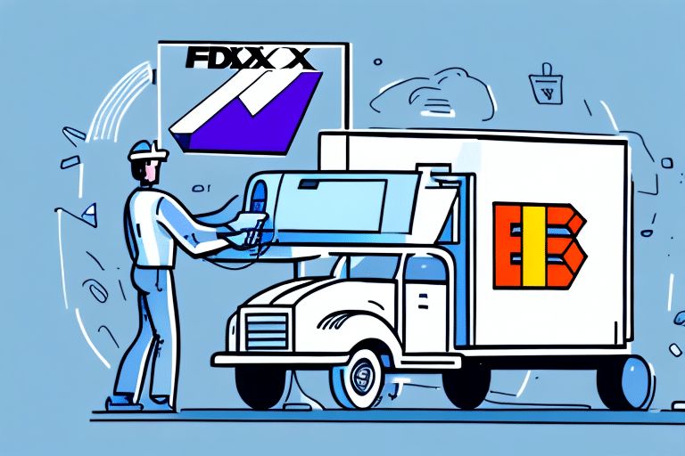 Illustration of a person using FedEx Ship Manager to load a truck with a robotic arm. The truck, adorned with a stylized B logo, is set against a futuristic cityscape and features a floating screen displaying FDXXX, validating third-party billing options in real-time.