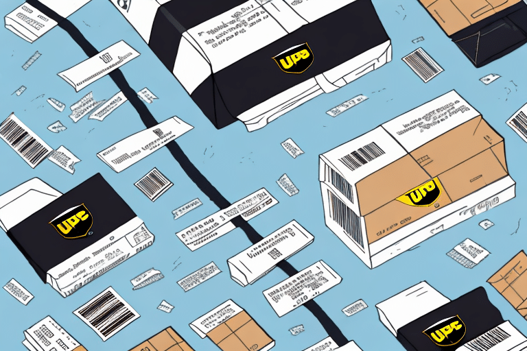 A colorful illustration of various parcels with shipping labels, reminiscent of packages processed via UPS WorldShip, scattered on a light blue background. Prominent parcels display a logo with UPC in bold yellow letters against a black backdrop. Various sizes and orientations are depicted.