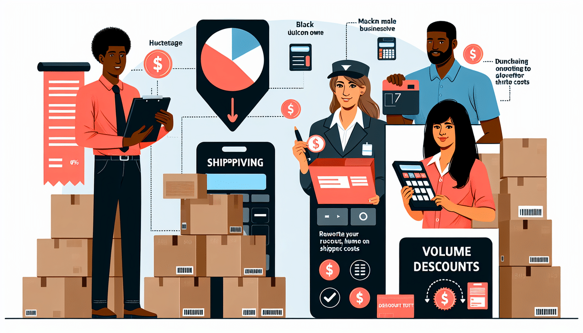 Illustration of diverse people using technology for business solutions. Includes charts, a shipping app, and boxes. Text highlights volume discounts, improving profits, and managing shipping costs with favorable shipping rates from the United States Postal Service.