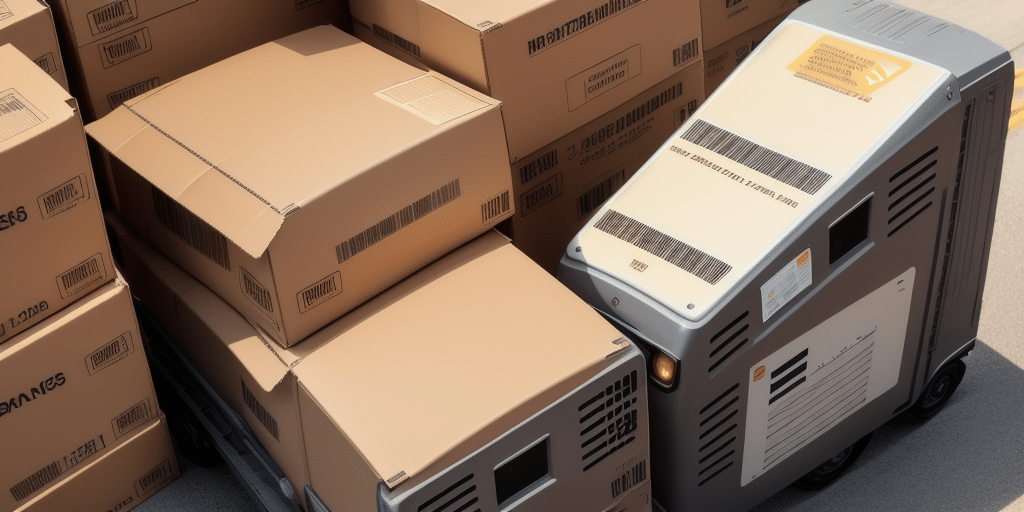 A robotic delivery vehicle navigates beside a stack of cardboard boxes labeled with barcodes and handling instructions, reminiscent of a precise UPS WorldShip operation. The scene is outdoors, with sunlight casting shadows on the boxes and pavement.
