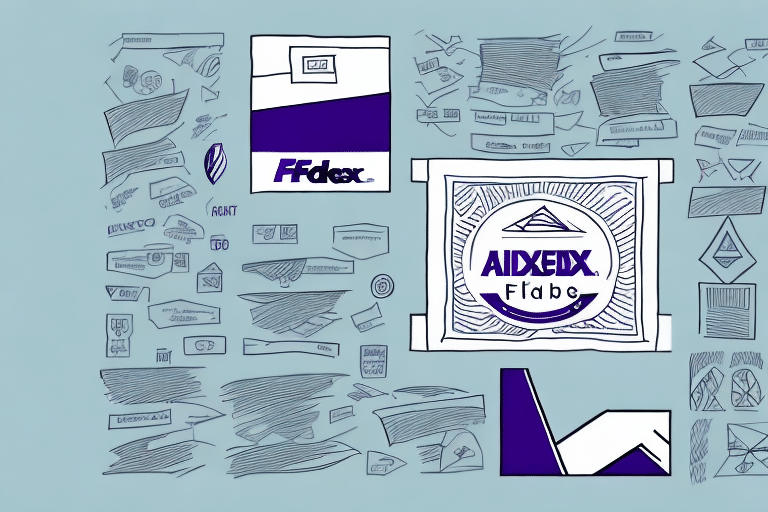 A collage of stylized, abstract logos and graphic designs on a blue background features elements reminiscent of shipping labels. Some incorporate text, geometric shapes, and patterns, with a dominant color scheme of purple, blue, and white.