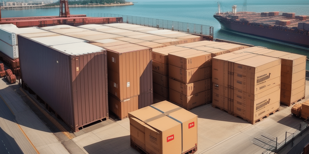 Stacks of large shipping containers and boxes at a port, with a cargo ship docked nearby under clear, sunny skies, indicate ongoing operations in this bustling harbor. This vibrant scene evokes the extensive Shipping History that has shaped global trade routes through time.