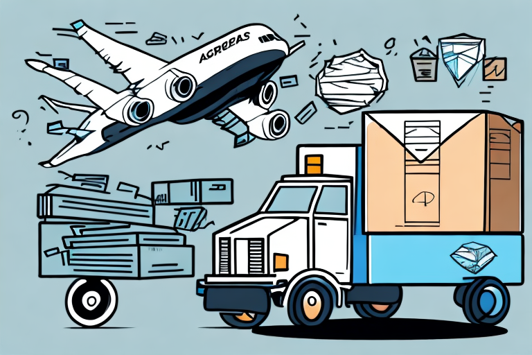 Illustrated image of an airplane and a delivery truck, surrounded by flying packages and letters. The airplane is labeled AGPREAS, while the truck carries a large box, hinting at a step-by-step guide to filing a UPS Damage Claim. The background is a light blue.