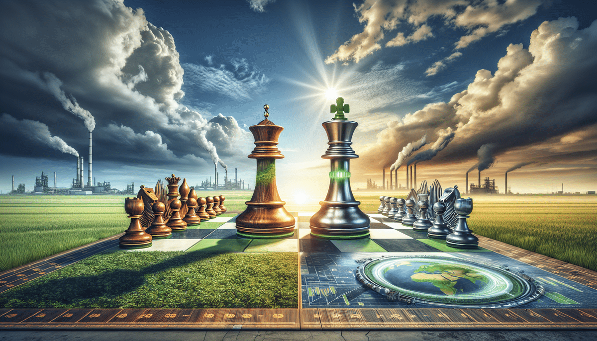 A surreal image offers a striking comparison on a chessboard set on grass: the left side features green pieces adorned with leaves, symbolizing nature, while the right showcases metallic, industrial figurines. Factories from giants like International Paper emit smoke in the background under a blue sky.