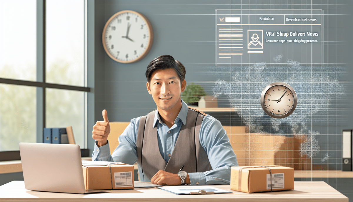 A man in a blue shirt and vest sits at a desk with a laptop and packages, giving a thumbs up. A holographic interface displays Vital Ship Delivery News alongside digital info about effective email writing. A clock on the wall shows 10:10 in the bright office setting.