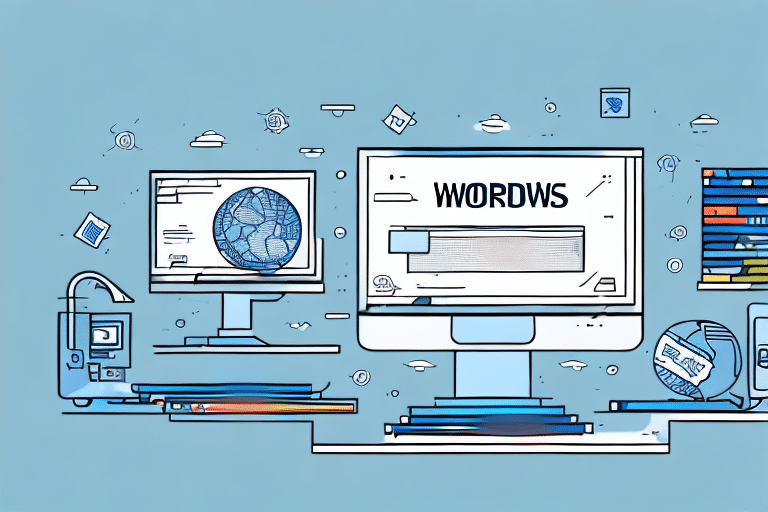Illustration of two computer monitors on a desk. One screen shows a globe; the other displays WORDWS. Books and digital icons, like a letter and floppy disk, are scattered around, set against a light blue background. A QuickBooks integration guide peeks from the stack of books beside the screens.
