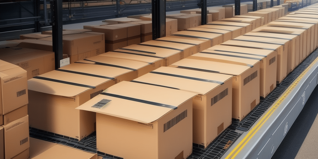 Rows of brown cardboard boxes with black straps are placed in an orderly manner on a conveyor belt in an industrial setting, reflecting the efficiency highlighted in a comprehensive guide. The boxes, some with open flaps, are aligned and ready for shipping or processing in a warehouse.