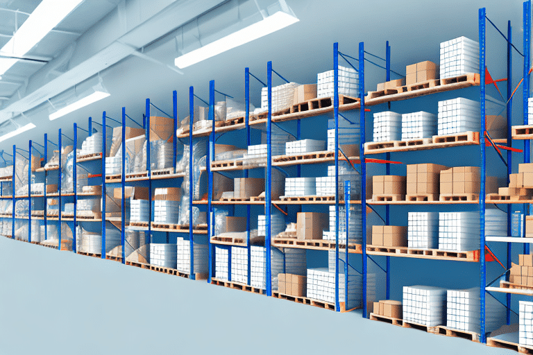 A spacious warehouse featuring tall blue metal racks filled with neatly stacked cardboard boxes and packaged goods on wooden pallets offers an ideal environment for investigating inventory discrepancies. The floor is clear, well-organized, and brightly lit, ensuring errors are swiftly resolved.