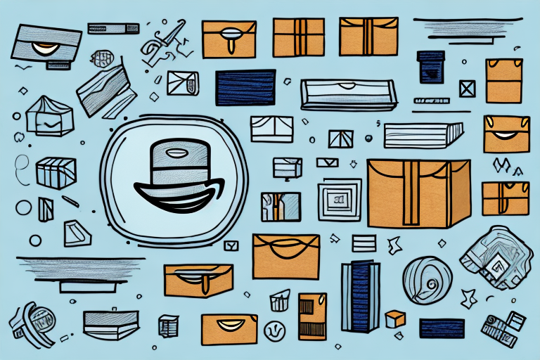 A whimsical postal theme comes to life with a variety of illustrated mailboxes, envelopes, and packages in orange and blue hues arranged on a light blue background. Amidst the playful chaos, one can imagine investigating a missing package or an elusive Amazon item.