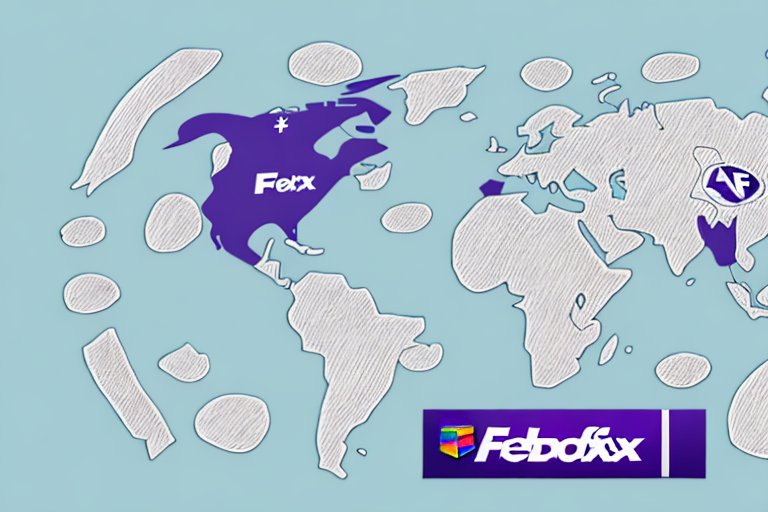 A stylized world map with purple shaded areas highlighting North America, featuring the text Feξx reminiscent of FedEx, and a smaller region in Europe labeled ΛF. Below the map, a colorful logo reads Febofix. The background is a light blue.