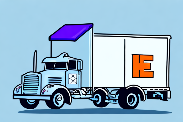 Illustration of a blue semi-truck with a purple sunshade and white trailer featuring an orange and black stylized letter E. Perfectly capturing the essence of speed, this imagery embodies the efficiency youd expect from FedEx 2 Day Air, all against a light blue backdrop.