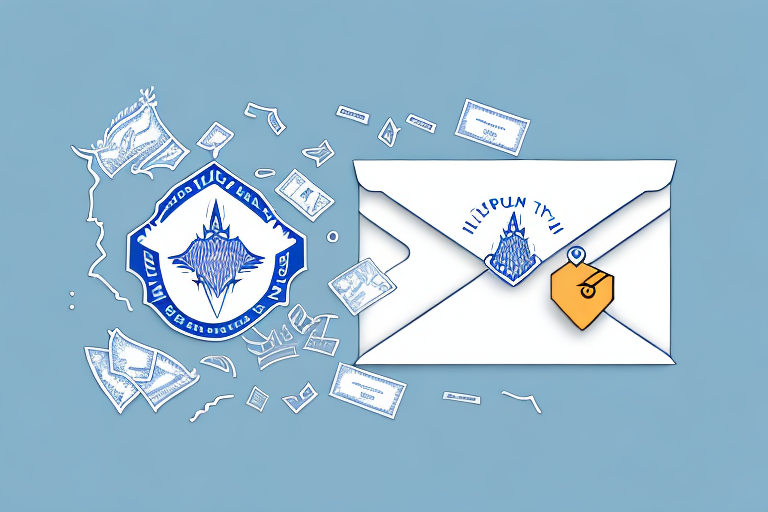 Illustration of an envelope with a crest and seal design, surrounded by scattered paper fragments and stamps, reminiscent of Flat Rate Priority Mail, on a light blue background.