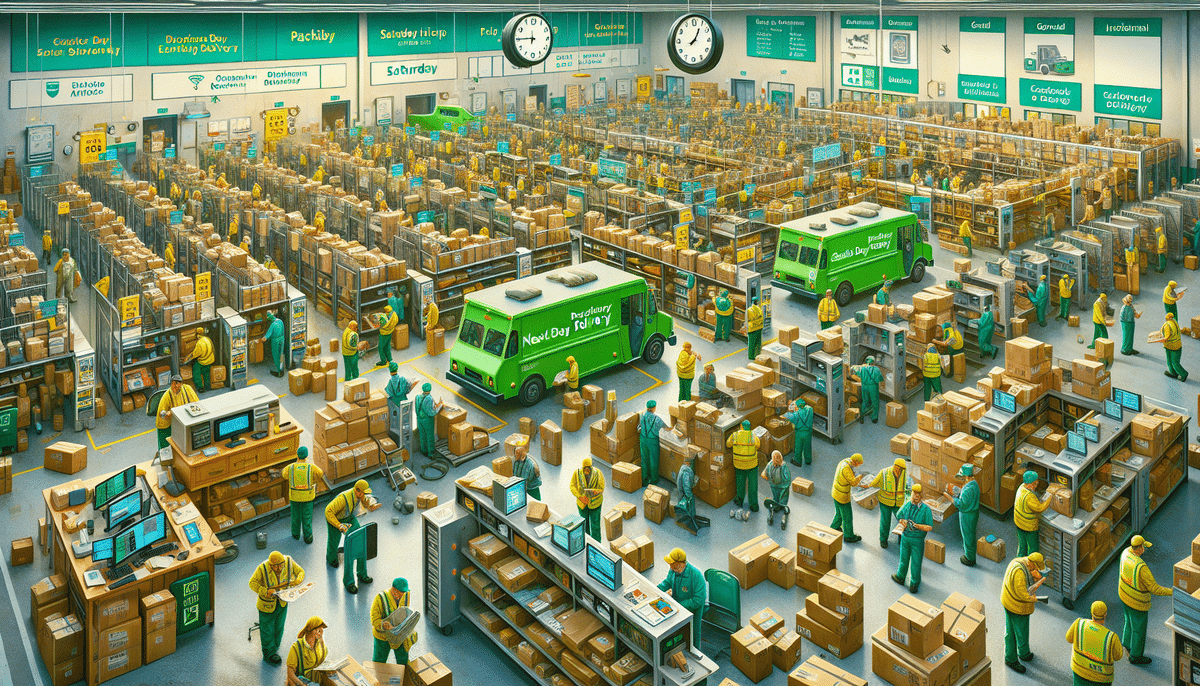 A bustling warehouse on a typical business day, with UPS workers efficiently handling packages. Rows of shelves and boxes are meticulously organized throughout. A green delivery van is parked inside, while information signs and clocks keep everyone on schedule as they manage and sort items actively.