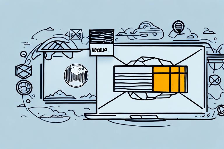 Illustration of a laptop screen surrounded by cloud and mail icons, featuring an envelope with geometric shapes and a signature. The word WOLF is visible on a small label, hinting at billing options. The background is light blue with line art decorations.