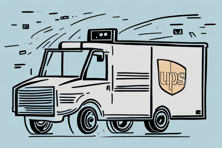 Illustration of a UPS delivery truck driving on a road, surrounded by swirling lines to indicate motion. The UPS logo is prominently displayed on the side of the truck, symbolizing reliable service. The background is light blue, capturing the essence of efficient UPS delivery service in action.