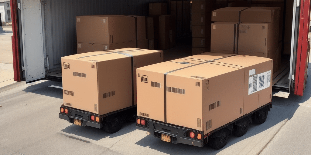 Two large delivery trucks are being loaded with several brown boxes inside a well-lit warehouse. The scene showcases orderly stacks of cardboard packages ready for transportation, all efficiently managed using UPS Shipping Software for optimal organization and tracking.