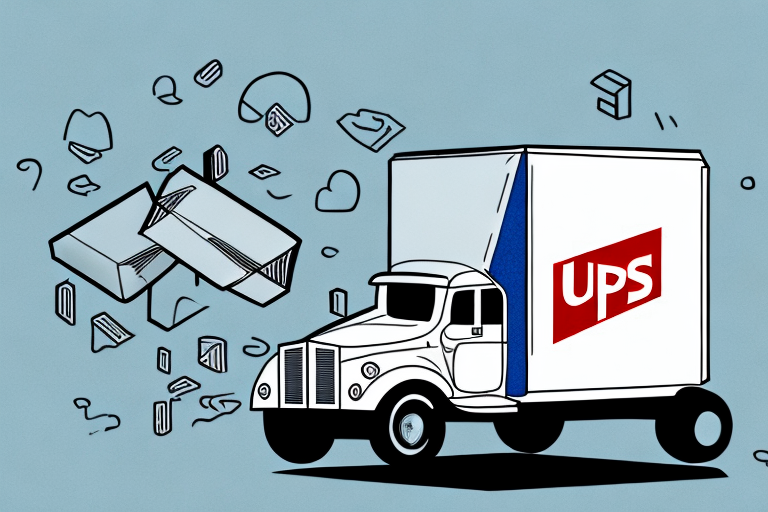 An illustration of a UPS delivery truck with boxes and various symbols flying around it showcases the brands renowned shipping service reliability. The white truck, featuring a blue and red UPS logo, stands out against a light blue background, inviting comparisons to USPS.