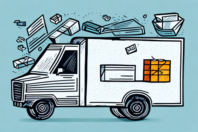 Illustration of a UPS moving truck with an open back, revealing a large orange box inside. Boxes and packing materials float around the truck, suggesting the efficiency of UPS Mail Innovations in handling relocation. The light blue background enhances the dynamic scene.