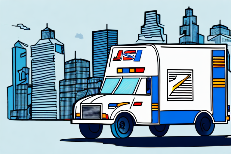 Illustration of a delivery truck with the letters JSI on the side, driving through a cityscape of tall skyscrapers. Reminiscent of a USPS vehicle, the truck is white with blue and yellow accents. The background features a light blue sky with a few clouds.