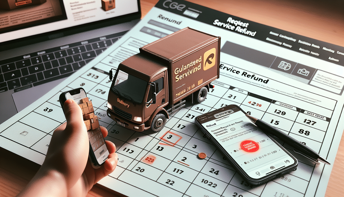 A person holds a smartphone showing a refund app as a tablet displays a UPS Guaranteed Service Refund request. A toy delivery truck rests on calendar paper labeled Service Refund. In the background, a pen and laptop sit ready for action.