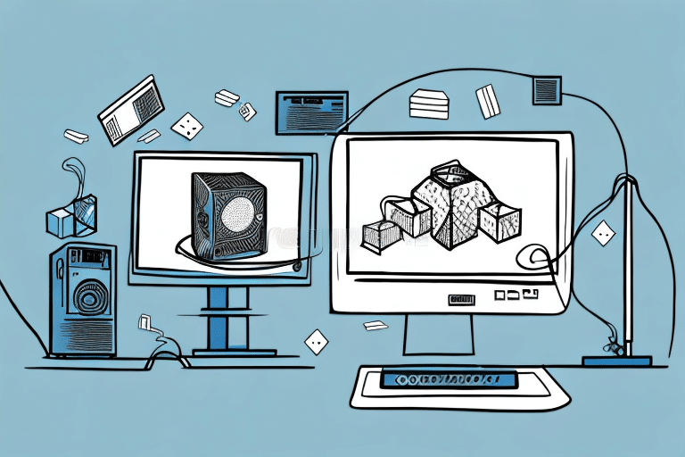 Illustration of two computer screens displaying geometric shapes connected by wires. A speaker and a desk lamp are nearby. The background is blue, enhancing the tech-themed scene with floating objects like floppy disks and QuickBooks-related computer accessories.