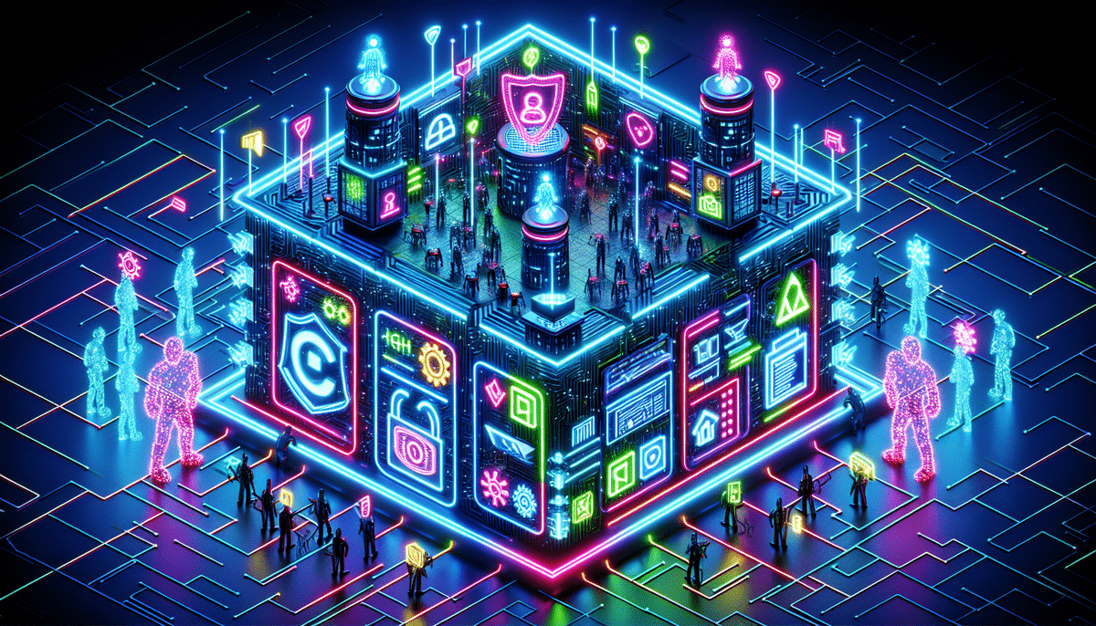 A futuristic neon-lit cube with digital icons and holographic figures, symbolizing technology, e-commerce, and data security. People and robots in vibrant colors are scattered around, highlighting the challenges of interaction and connectivity in a digitally protected world.