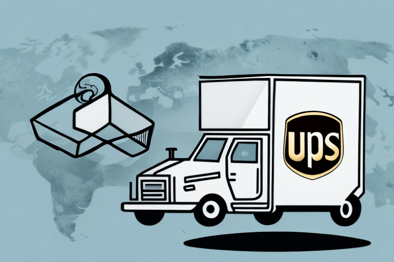 Illustration of a UPS delivery truck with the UPS WorldShip logo on a blue background, featuring a simplified world map. A 3D whistle floats nearby, symbolizing global delivery and logistics.