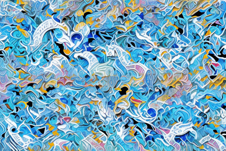 A vibrant abstract artwork featuring swirling blue, white, and yellow patterns. The composition uses intricate curves and shapes, creating a dynamic and fluid visual effect reminiscent of ocean waves or a flowing tapestry—truly the best in its class for inspiring business creativity.