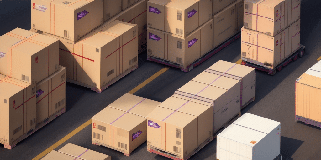 Aerial view of a FedEx Ship Manager conveyor system moving large cardboard boxes on pallets. The boxes, adorned with purple labels and red straps, glide smoothly on the dark surface in an industrial setting, showcasing efficient logistics and error resolution processes.