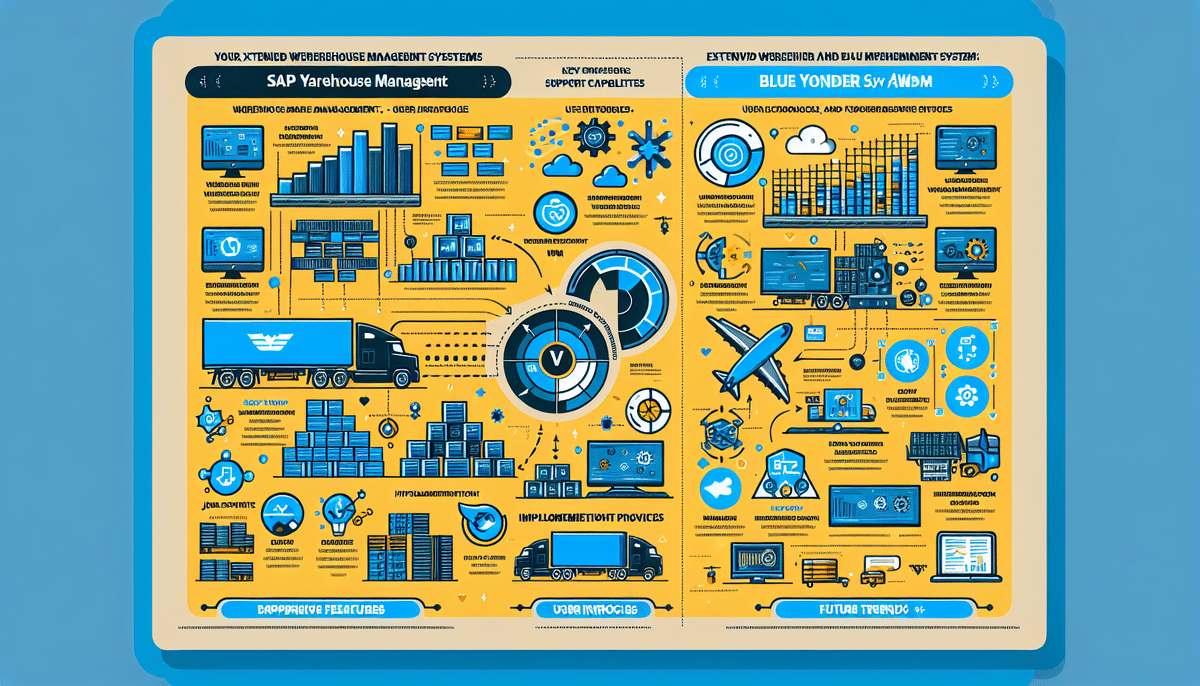 An infographic comparing warehouse management systems: SAP Extended Warehouse Management and Blue Yonder WMS. The image includes icons of trucks, graphs, storage, and technology symbols on a yellow and blue background, highlighting features and differences.