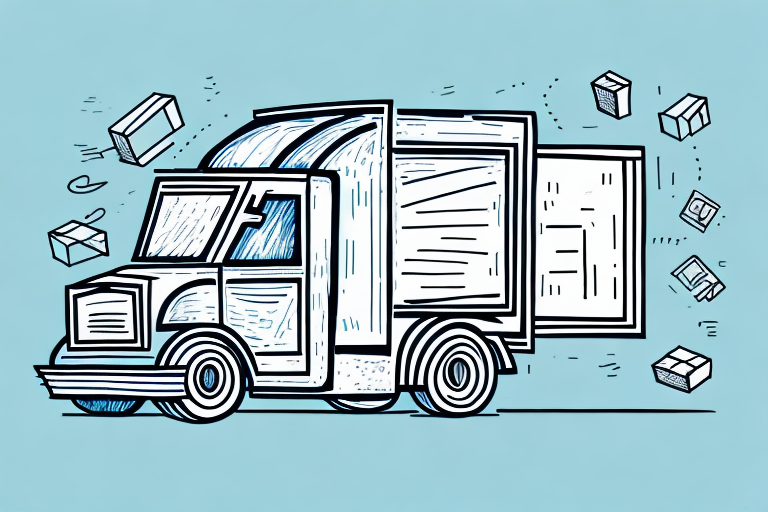Illustration of a USPS delivery truck with open doors, showing boxes flying out against a blue background. The boxes, varying in shape and size, create a sense of motion and urgency that captures the bustling energy of shipping logistics.