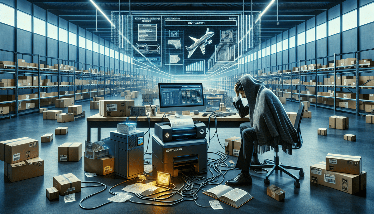 A person sits at a cluttered desk in a warehouse filled with boxes, surrounded by computers and packages. Engrossed in problem solving, the individual appears stressed, with a blanket over their head. A digital display shows FedEx Ship Manager data charts alongside a plane in the background.
