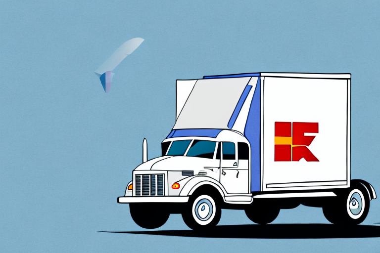 Illustration of a white delivery truck with a red and yellow logo, reminiscent of FedEx, driving on a light blue background. Emphasizing reliability, a paper airplane soars across the sky above the truck.