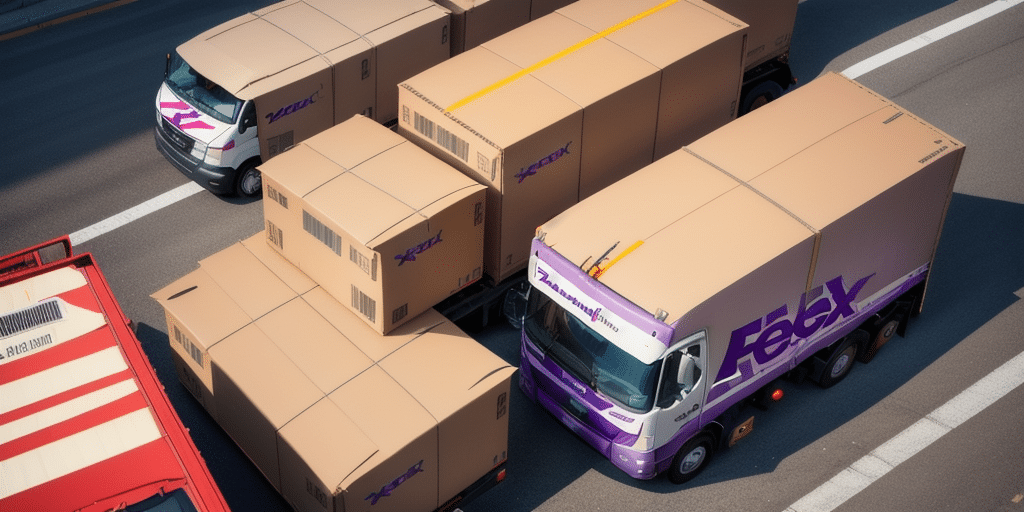 A highway scene with delivery trucks resembling cardboard boxes, alongside regular vehicles. The FedEx Shipping logos in purple and blue lettering add a whimsical touch. The image captures a unique, playful perspective on transportation management.